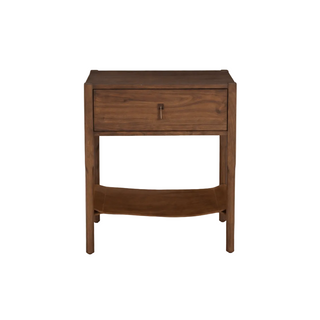 Wooden side table with a drawer on a beige background