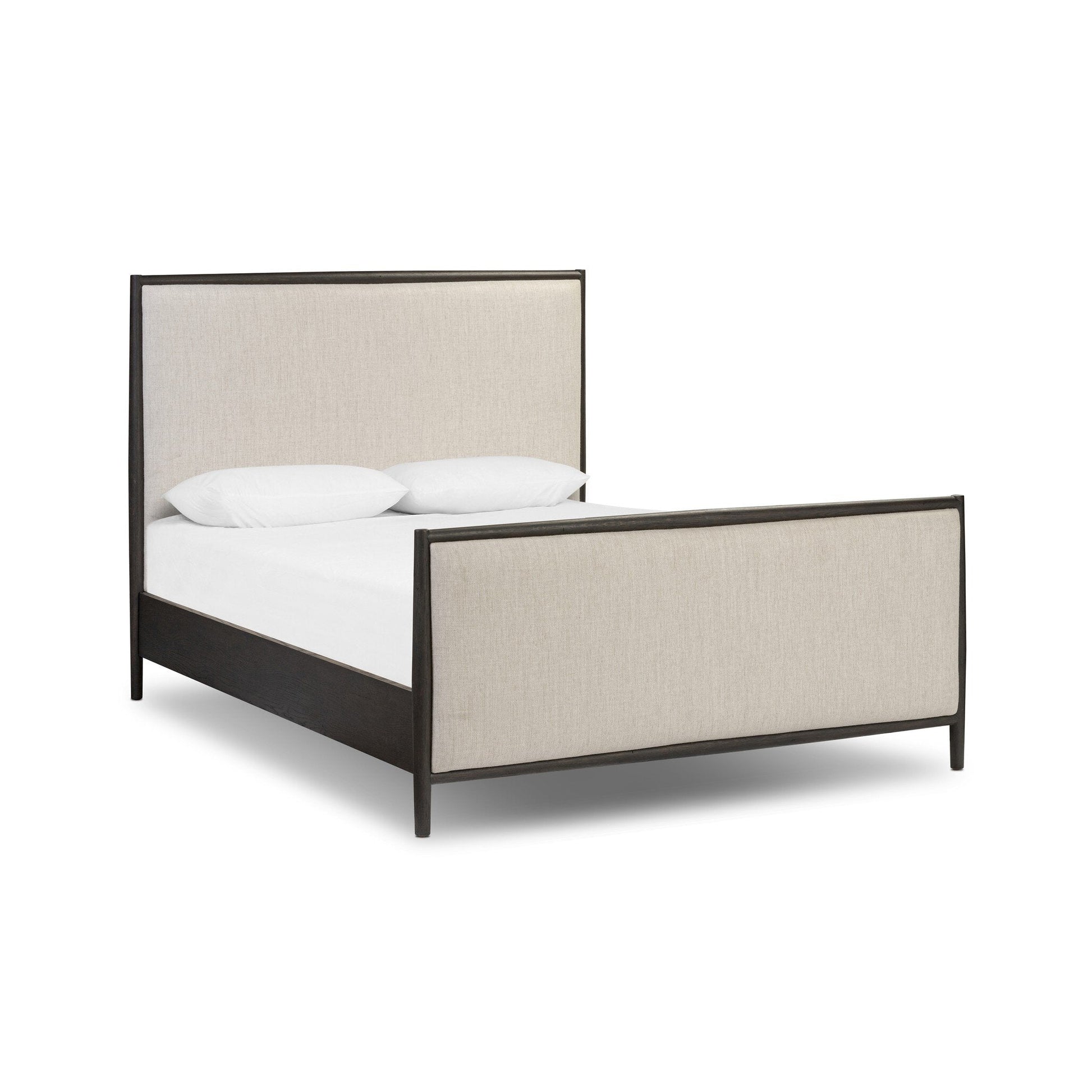 Bed with beige upholstered headboard and black frame on a white background