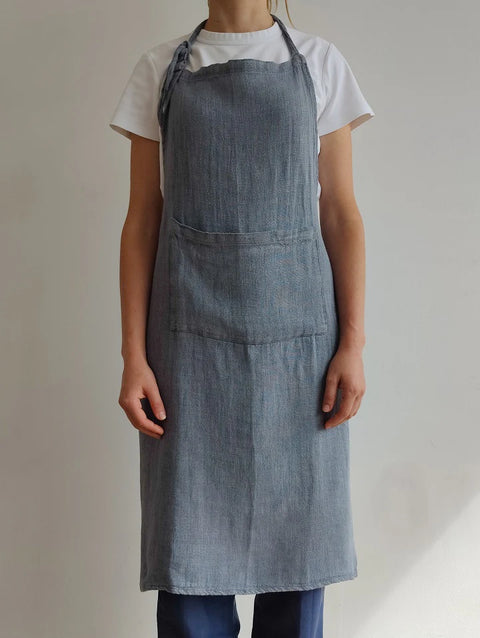 Stone Washed Linen Apron, Ocean Grey