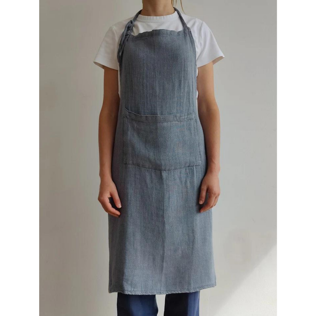 Stone Washed Linen Apron, Ocean Grey