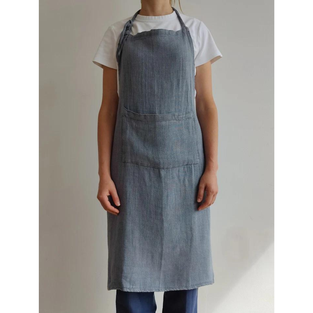 Stone Washed Linen Apron, Ocean Grey