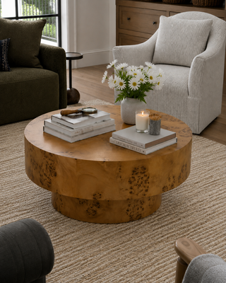 A round burl wood coffee table styled in a cozy living room with a vase of white daisies, books, and a candle on top, surrounded by upholstered armchairs and a textured rug.