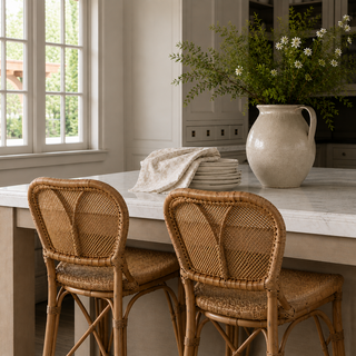 Two wicker chairs at a kitchen counter with a vase and plates in the background.
